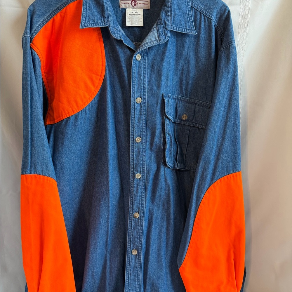 Vintage Wrangler Rugged Wear men's XXL denim hunting shirt blaze orange panels